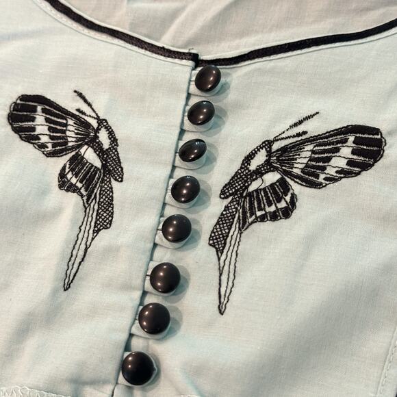 H&M | NWT | 6 | Blue Green Flutter Sleeve Butterfly Embroidery Retro Pinup Dress - Picture 3 of 9